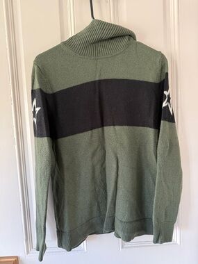 Green & Black Turtleneck Stripe Sweater with Star Sleeve Detail
